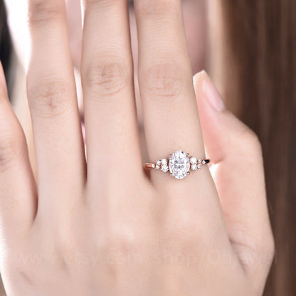Vintage oval cut moissanite engagement ring 14k rose gold dainty cluster snowdrift unique engagement ring anniversary wedding ring for women