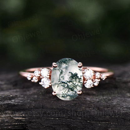 Vintage oval cut green moss agate engagement ring rose gold dainty cluster snowdrift unique engagement ring moissanite wedding ring women