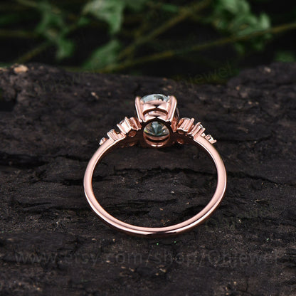 Vintage oval cut green moss agate engagement ring rose gold dainty cluster snowdrift unique engagement ring moissanite wedding ring women