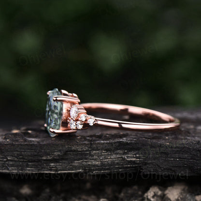 Vintage oval cut green moss agate engagement ring rose gold dainty cluster snowdrift unique engagement ring moissanite wedding ring women