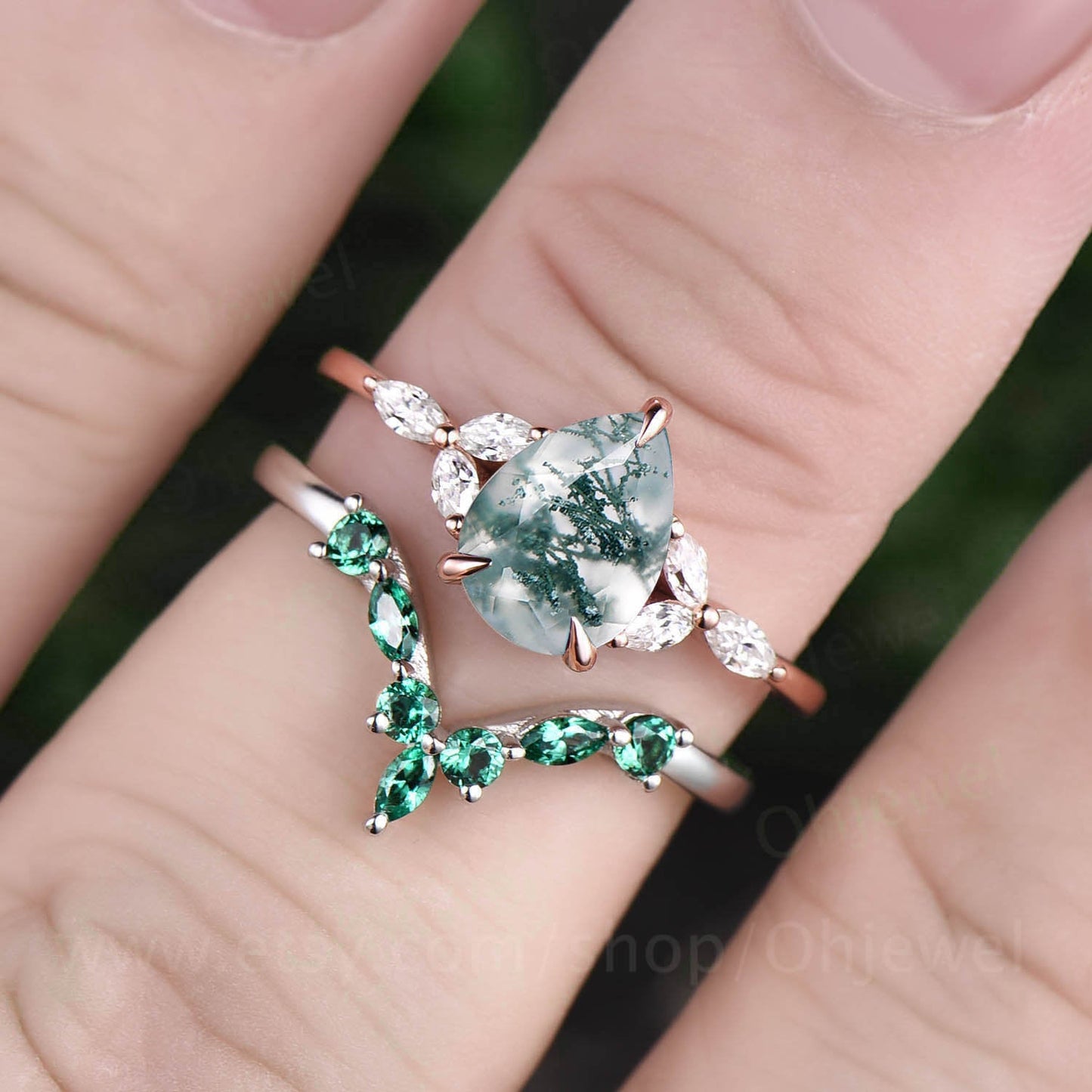 Pear moss agate ring set for women art deco vintage moss agate engagement ring set rose gold silver marquise emerald moissanite ring set
