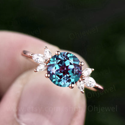Round Alexandrite ring gold silver vintage Alexandrite engagement ring leaf art deco rose gold moissanite ring for women promise ring gift