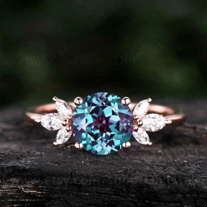 Round Alexandrite ring gold silver vintage Alexandrite engagement ring rose gold flower art deco moissanite ring for women promise ring gift