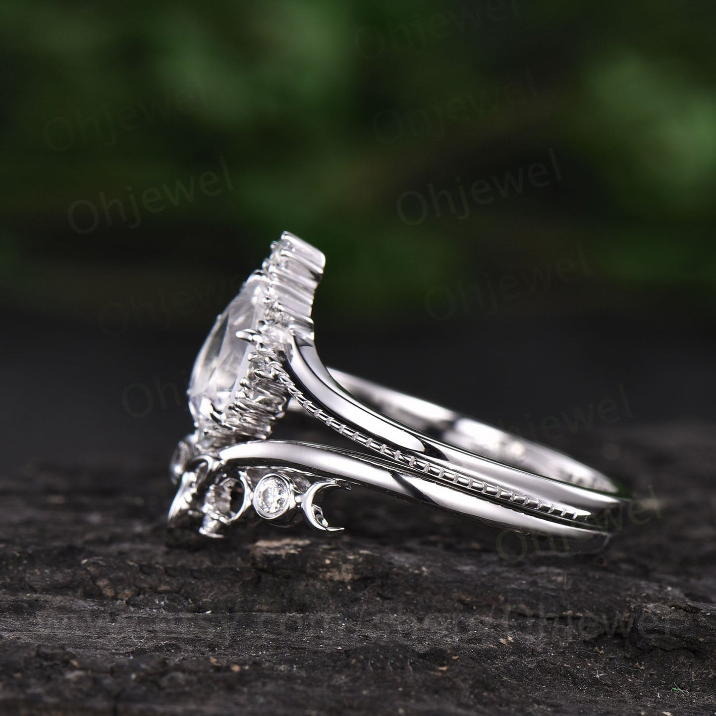 Pear moonstone engagement ring set white gold vintage moonstone ring sterling silver moissanite ring for women Milgrain Norse Viking ring