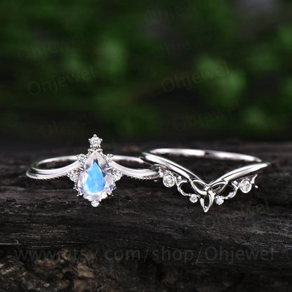 Pear moonstone engagement ring set white gold vintage moonstone ring sterling silver moissanite ring for women Milgrain Norse Viking ring
