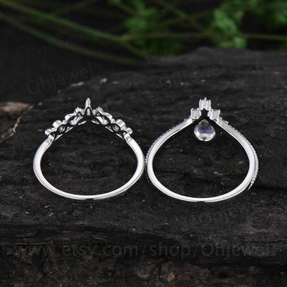 Pear moonstone engagement ring set white gold vintage moonstone ring sterling silver moissanite ring for women Milgrain Norse Viking ring
