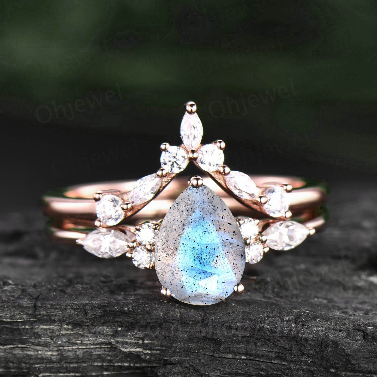 Unique pear shaped Labradorite engagement ring set vintage art deco marquise moissanite wedding promise ring set rose gold sterling silver