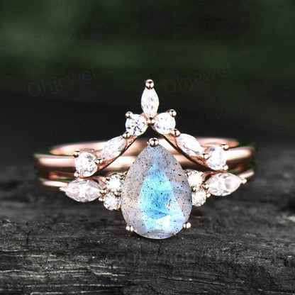 Unique pear shaped Labradorite engagement ring set vintage art deco marquise moissanite wedding promise ring set rose gold sterling silver