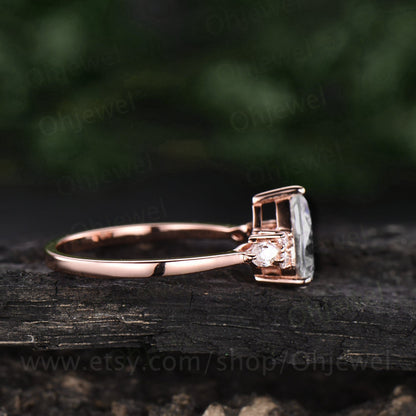 Unique pear shaped labradorite engagement ring art deco 7 stone marquise moissanite ring for women rose gold sterling silver handmade ring