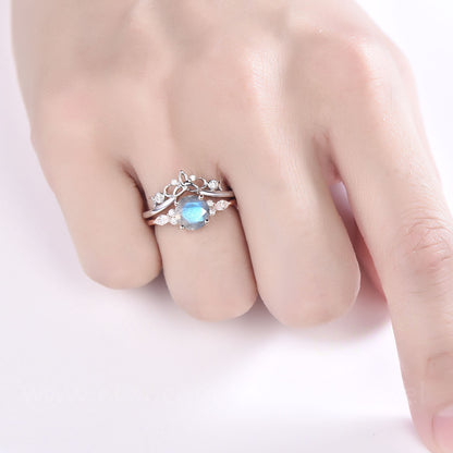 Round labradorite engagement ring set art deco vintage 7 stone moissanite ring for women unique wedding ring set rose gold sterling silver
