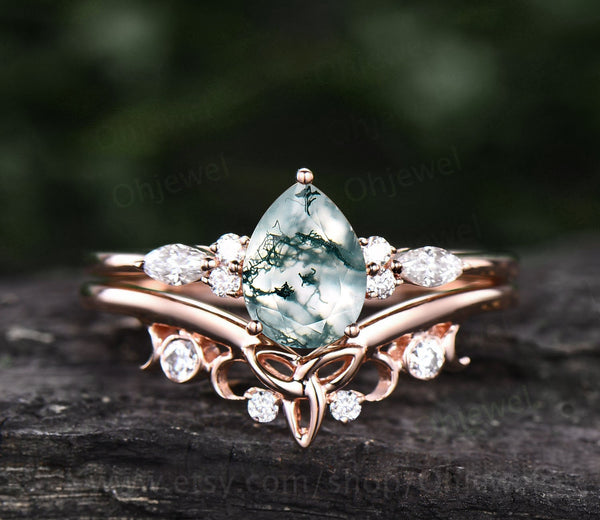 Pear shaped moss agate engagement ring set white gold vintage style ma ...
