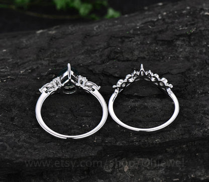 Pear shaped moss agate engagement ring set white gold vintage style marquise moissanite engagement ring for women norse viking ring Jewelry
