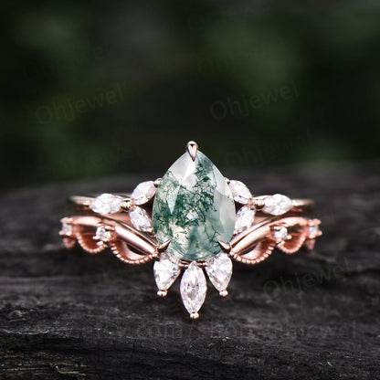 Pear moss agate ring set for women moss agate engagement ring set art deco crown Milgrain ring marquise moissanite ring rose gold silver