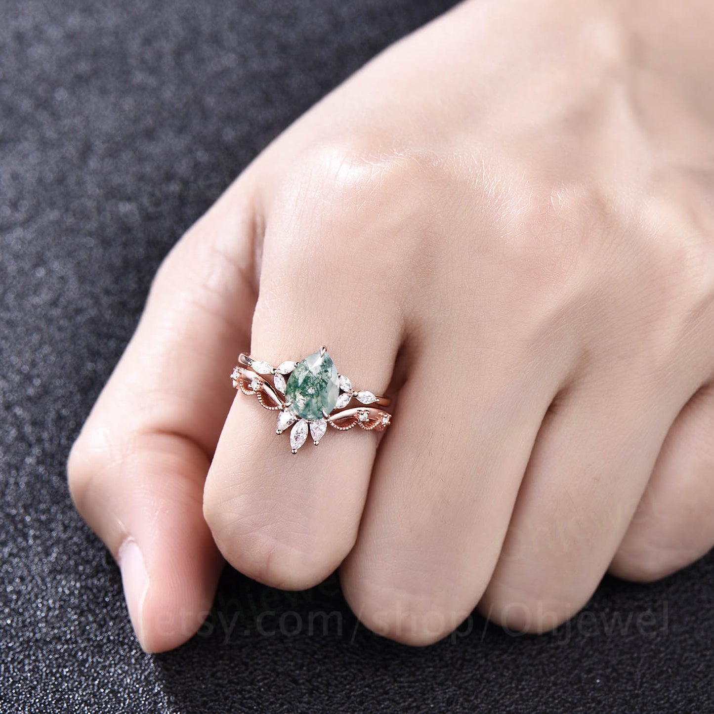 Pear moss agate ring set for women moss agate engagement ring set art deco crown Milgrain ring marquise moissanite ring rose gold silver