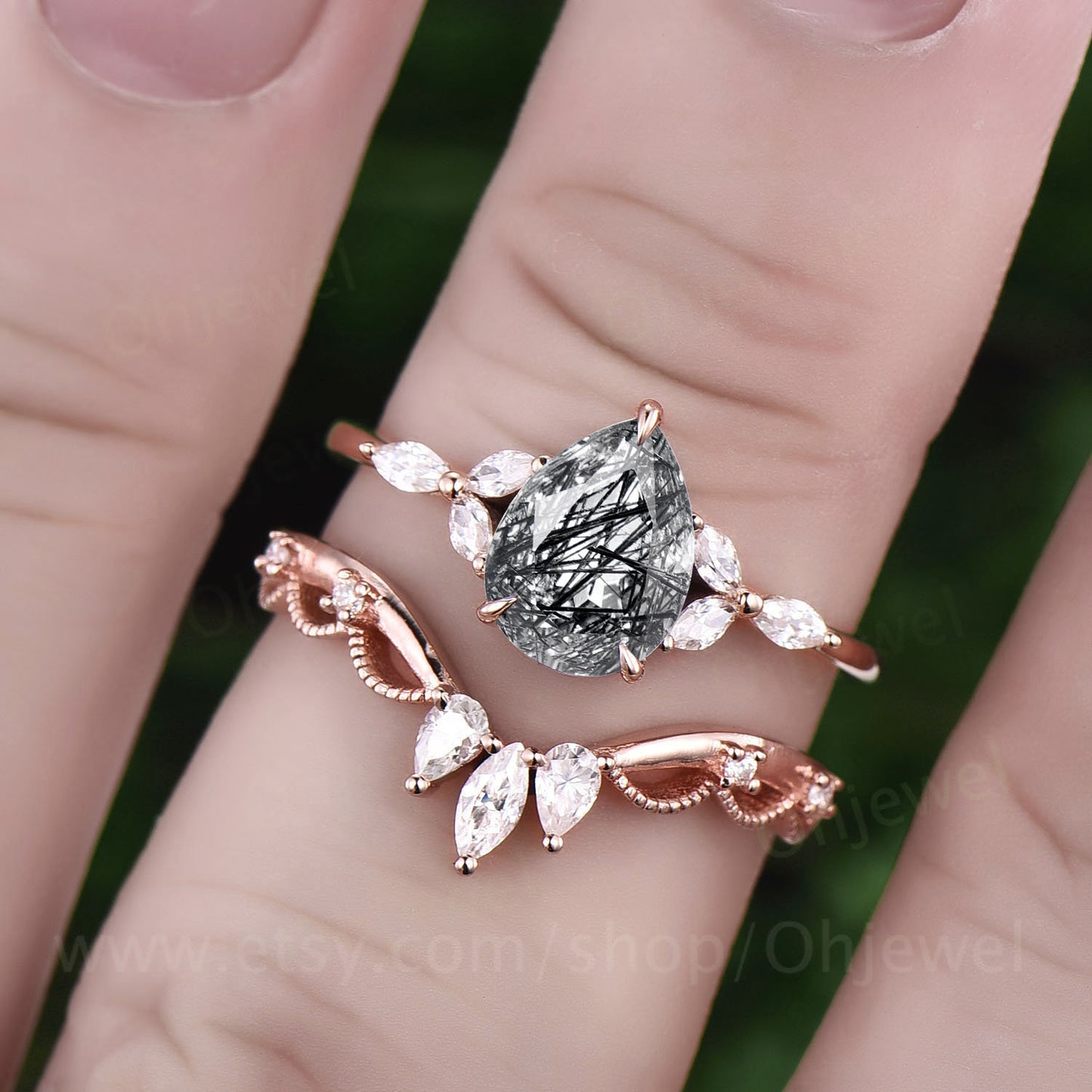 Pear black rutilated quartz engagement ring set rose gold silver ring art deco crown Milgrain dainty ring jewelry unique wedding ring set