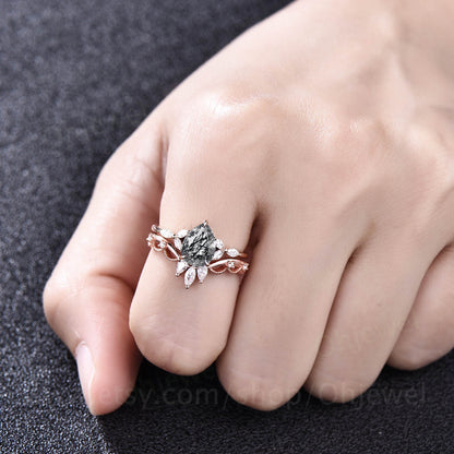 Pear black rutilated quartz engagement ring set rose gold silver ring art deco crown Milgrain dainty ring jewelry unique wedding ring set