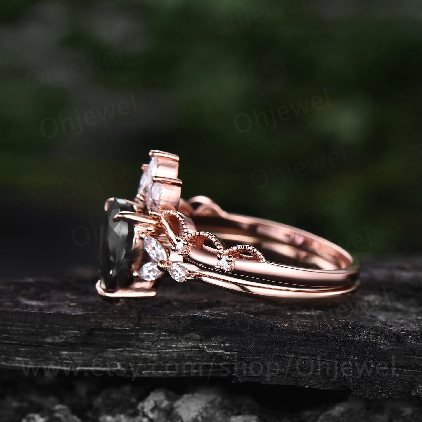 Pear black rutilated quartz engagement ring set rose gold silver ring art deco crown Milgrain dainty ring jewelry unique wedding ring set