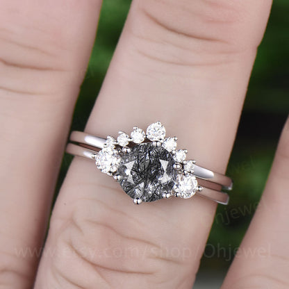 Vintage black rutilated quartz engagement ring set three stone ring moissanite ring for women antique rose gold ring bridal set jewelry gift