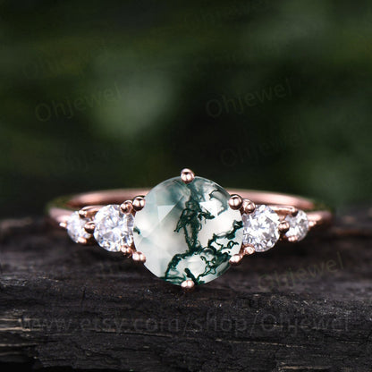 Round moss agate ring for women unique vintage moss agate engagement ring five stone rose gold moissanite ring custom ring dainty promise