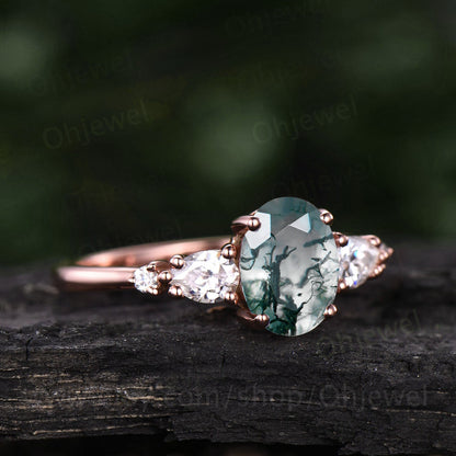 Oval moss agate engagement ring five stone rose gold silver ring pear moissanite ring green moss ring prong dainty bridal anniversary ring