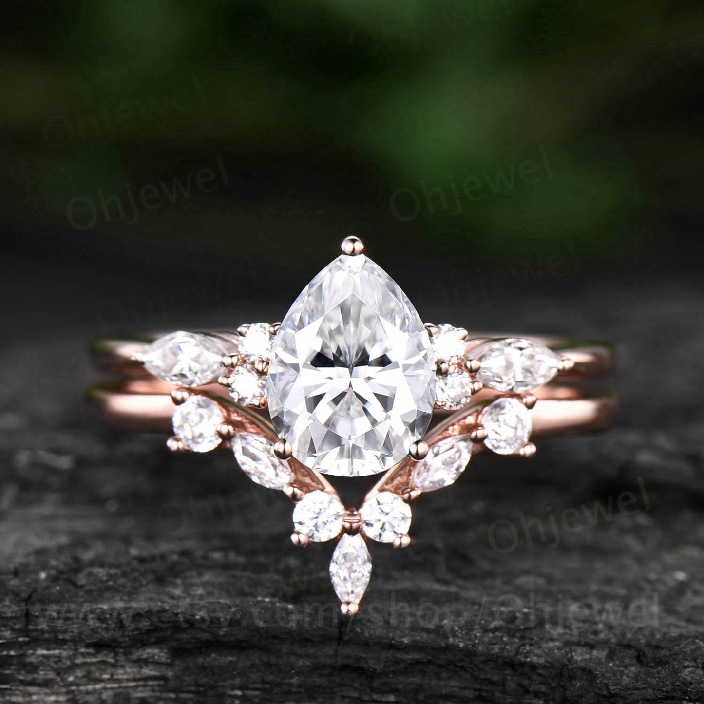 Pear shaped moissanite engagement ring set art deco vintage marquise moissanite ring set 7 stone rose gold silver unique wedding ring set