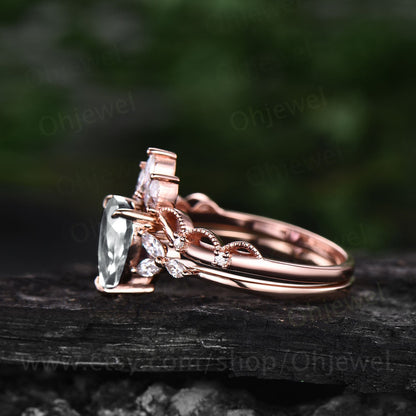 Pear moissanite ring set for women vintage moissanite engagement ring set art deco crown Milgrain ring marquise ring set rose gold silver