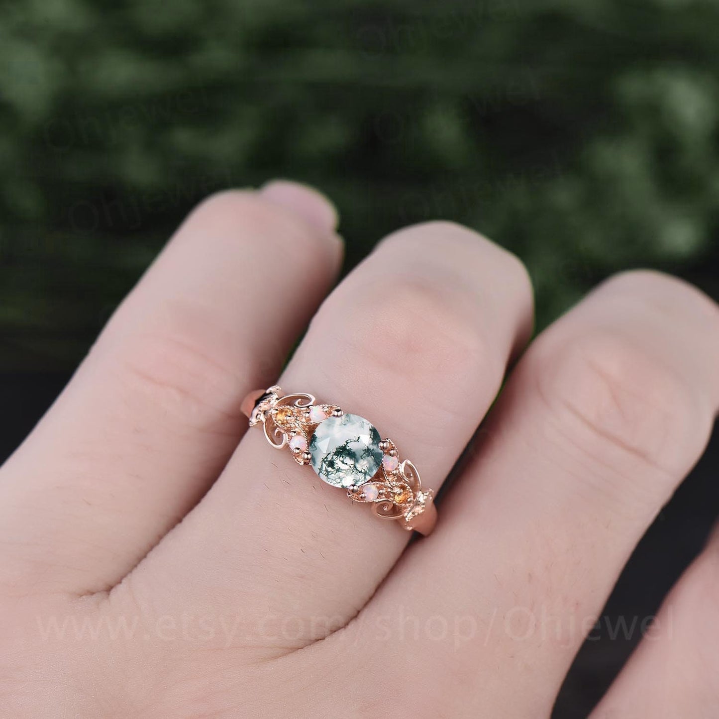 Unique round green moss agate engagement ring art deco vintage opal ring citrine ring milgrain butterfly ring rose gold silver wedding ring
