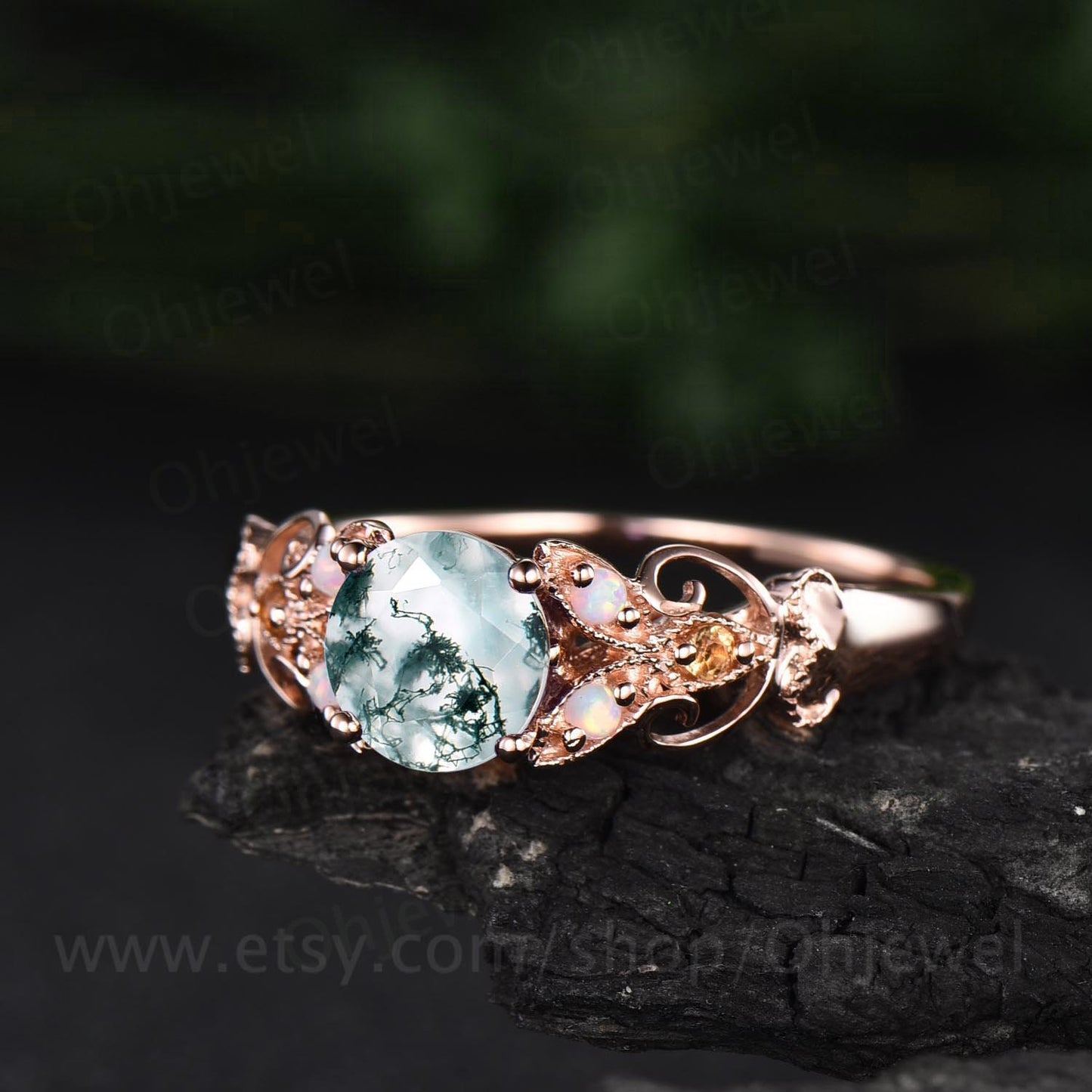 Unique round green moss agate engagement ring art deco vintage opal ring citrine ring milgrain butterfly ring rose gold silver wedding ring