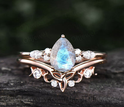 Unique pear shaped Labradorite engagement ring set for women art deco moissanite ring rose gold sterling silver norse viking ring jewelry