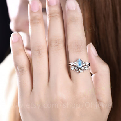 Unique pear shaped Labradorite engagement ring set for women art deco moissanite ring rose gold sterling silver norse viking ring jewelry