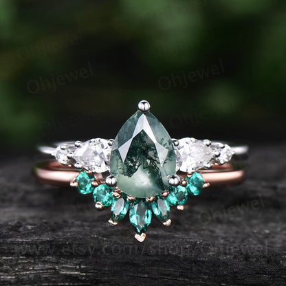 Vintage moss agate ring gold silver for women pear moss agate engagement ring set unique moissanite wedding set art deco emerald ring band