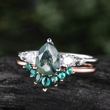 Vintage moss agate ring gold silver for women pear moss agate engagement ring set unique moissanite wedding set art deco emerald ring band