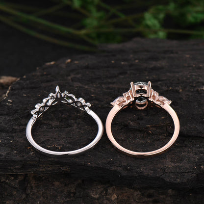 Vintage oval black rutilated quartz engagement ring set moissanite rose gold silver bridal ring women marquise Norse Viking ring jewelry
