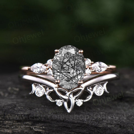 Unique vintage oval black rutilated quartz engagement ring set 7 stone moissanite ring for women rose gold silver norse viking ring Jewelry