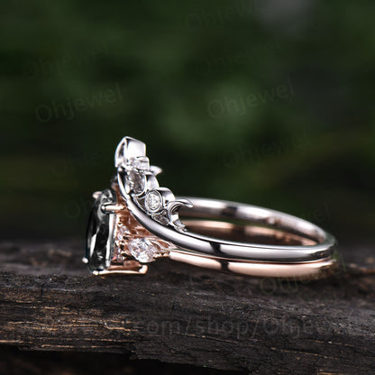 Vintage oval black rutilated quartz engagement ring set moissanite rose gold silver bridal ring women marquise Norse Viking ring jewelry