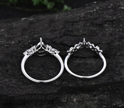 Unique vintage pear shaped black rutilated quartz engagement ring set art deco moissanite ring for women rose gold silver norse viking ring
