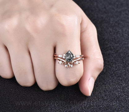 Unique vintage pear shaped black rutilated quartz engagement ring set art deco moissanite ring for women rose gold silver norse viking ring
