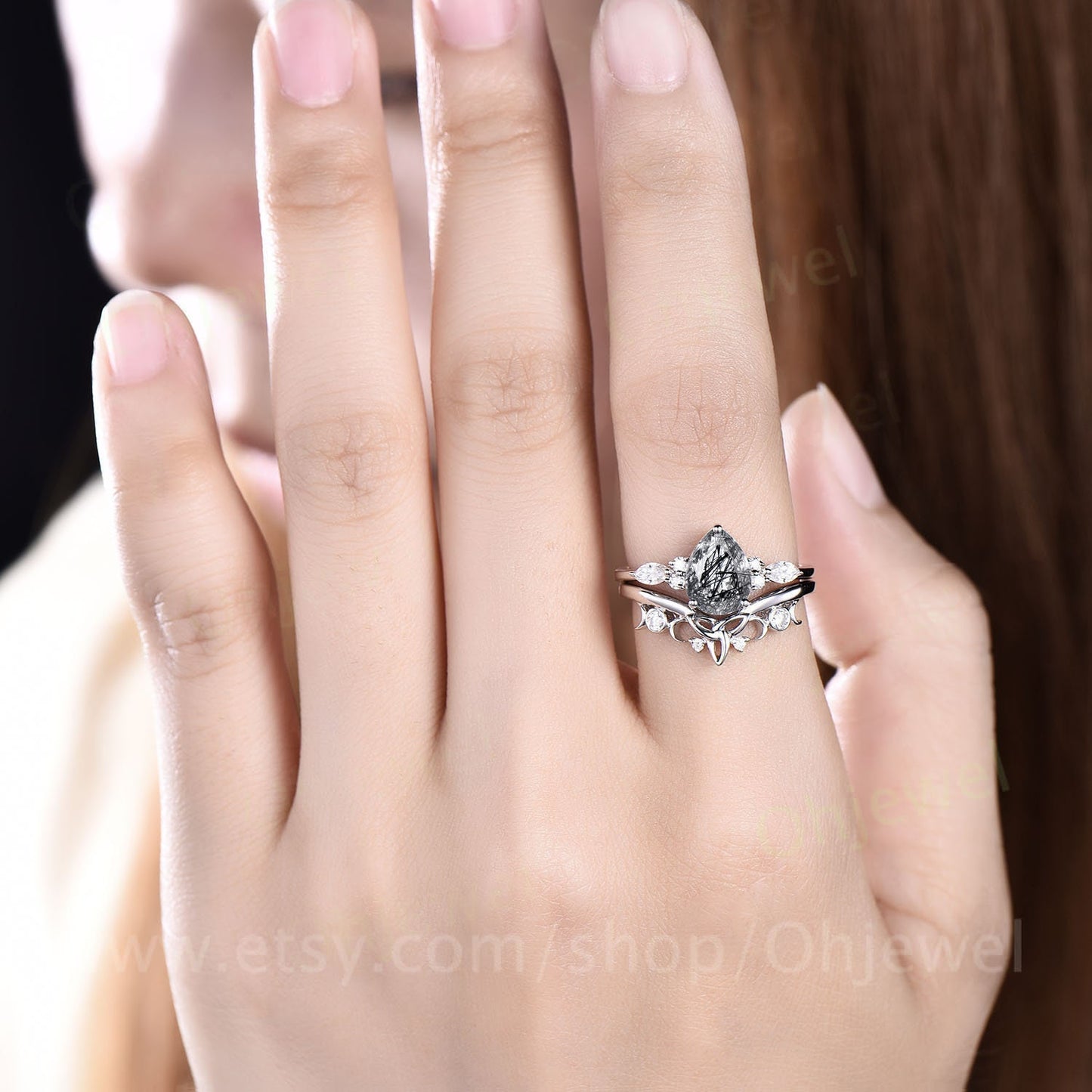 Unique vintage pear shaped black rutilated quartz engagement ring set art deco moissanite ring for women rose gold silver norse viking ring