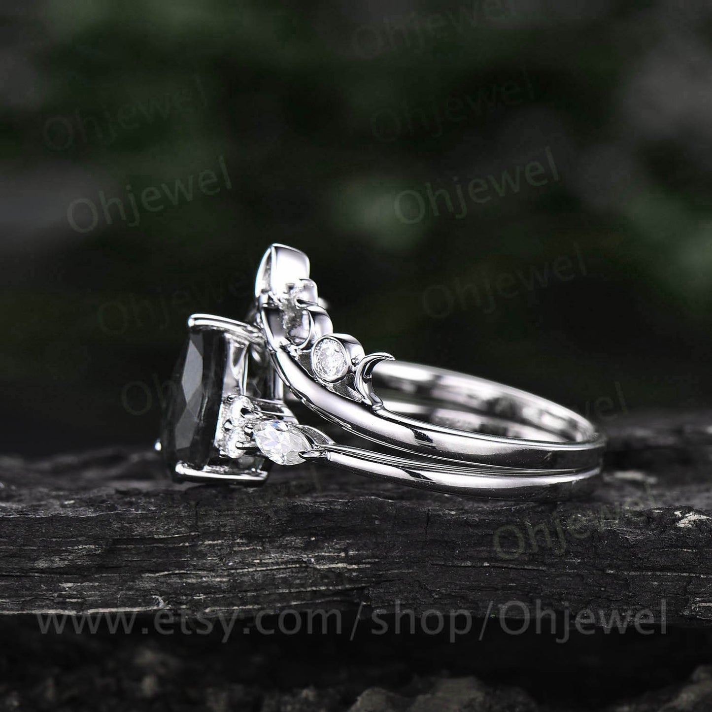Unique vintage pear shaped black rutilated quartz engagement ring set art deco moissanite ring for women rose gold silver norse viking ring