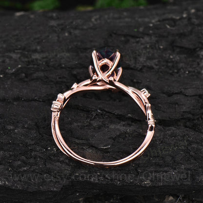 Vintage pear shaped alexandrite engagement ring leaf art deco 14k rose gold five stone diamond ring for women promise bridal ring jewelry
