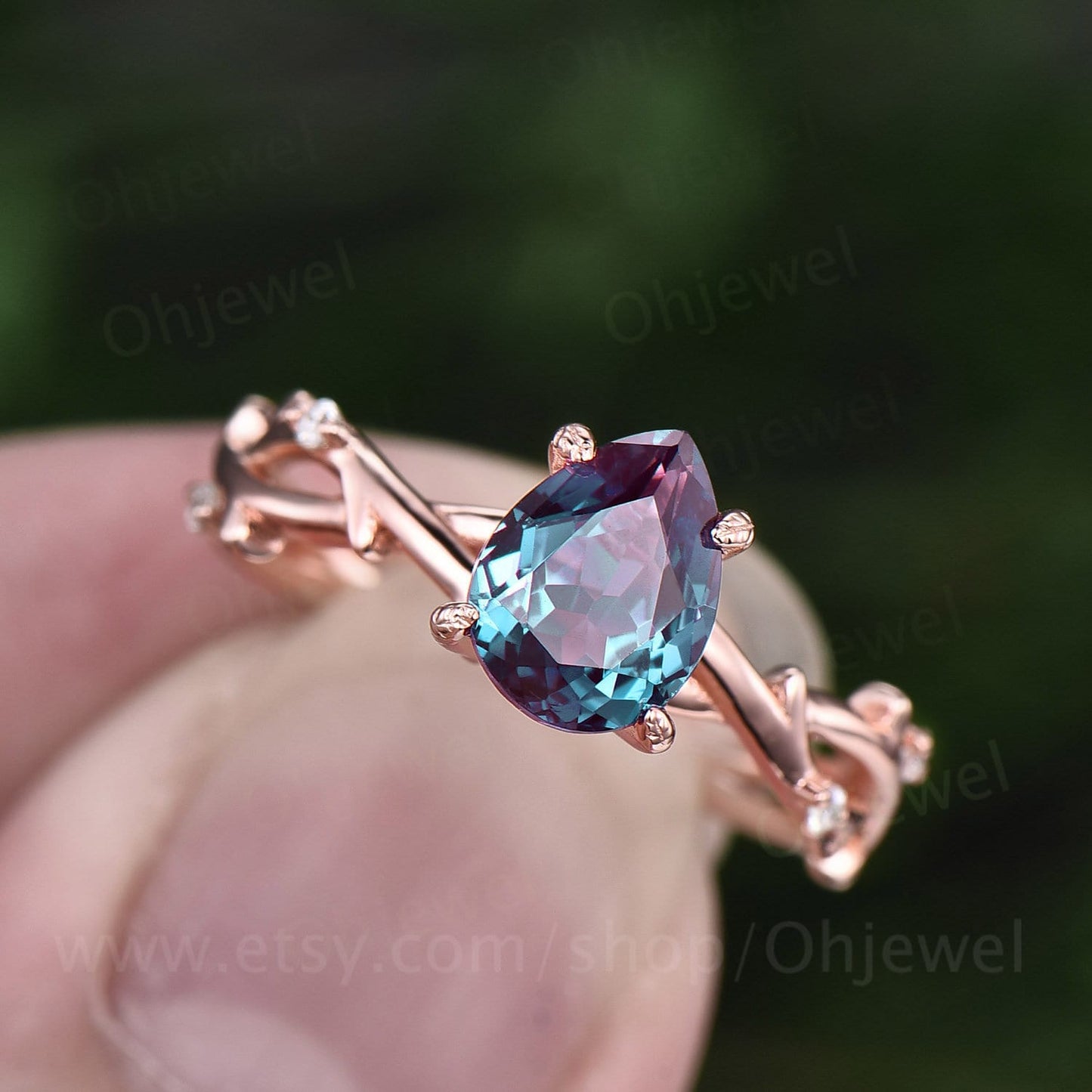 Vintage pear shaped alexandrite engagement ring leaf art deco 14k rose gold five stone diamond ring for women promise bridal ring jewelry