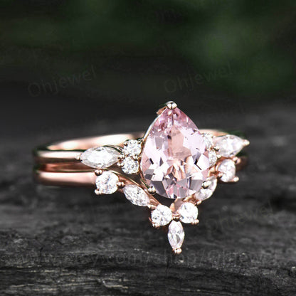 Unique pear shaped morganite engagement ring set rose gold art deco marquise moissanite ring Pink morganite ring for women bridal ring set