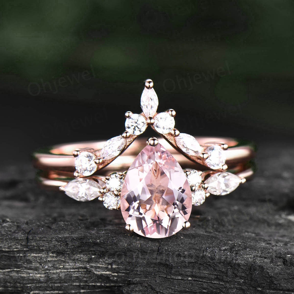 Unique pear shaped morganite engagement ring set rose gold art deco marquise moissanite ring Pink morganite ring for women bridal ring set