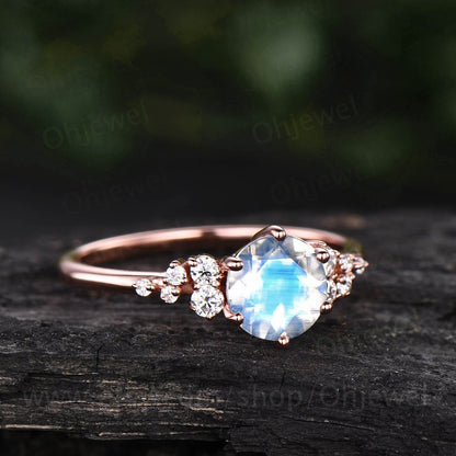 Cluster unique vintage moonstone engagement ring rose gold silver round cut promise ring for women six prong moissanite wedding ring gifts
