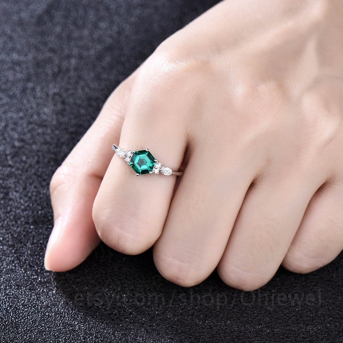 Hexagon emerald ring dainty vintage emerald engagement ring 7 stone marquise moissanite ring rose gold silver for women bridal promise ring
