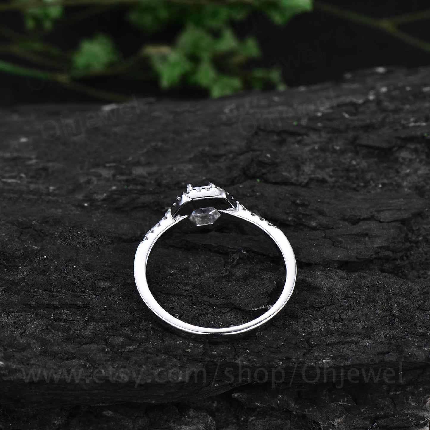 Unique Hexagon moss agate engagement ring white gold halo moissanite ring vintage moss agate ring for women Minimalist wedding ring gifts