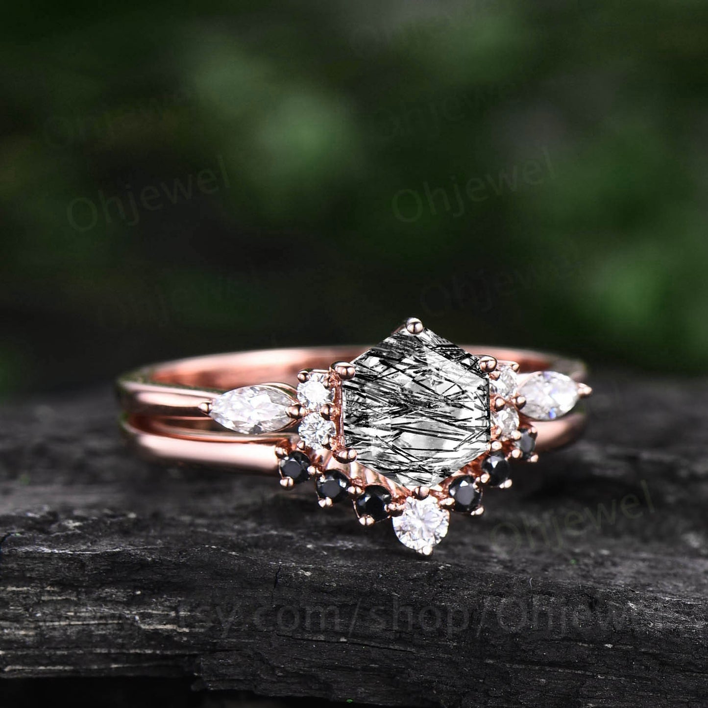 Unique Hexagon black rutilated quartz engagement ring set rose gold silver art deco marquise moissanite ring black diamond ring for women
