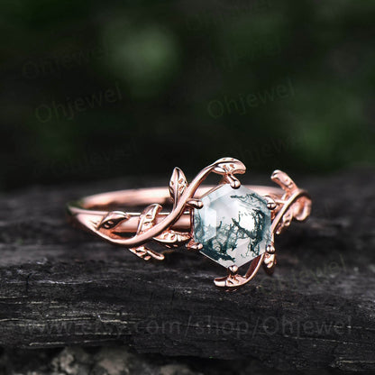 Hexagon moss agate engagement ring leaf flower rose gold silver unique vintage solitaire engagement ring for women wedding anniversary ring