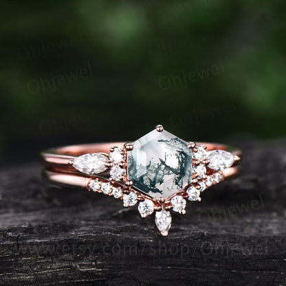 Unique hexagon moss agate engagement ring set art deco vintage moss agate ring women rose gold silver marquise moissanite wedding ring set