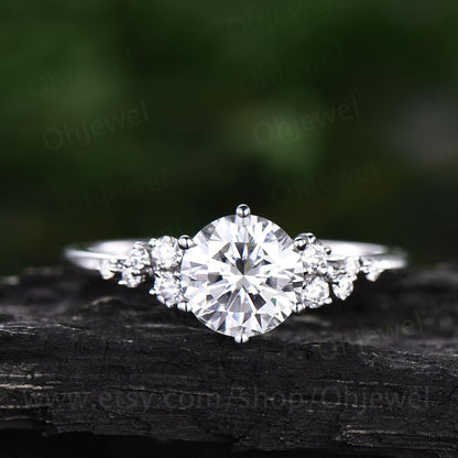 Cluster unique vintage moissanite engagement ring rose gold silver round cut promise ring women six prong ring custom bridal wedding ring